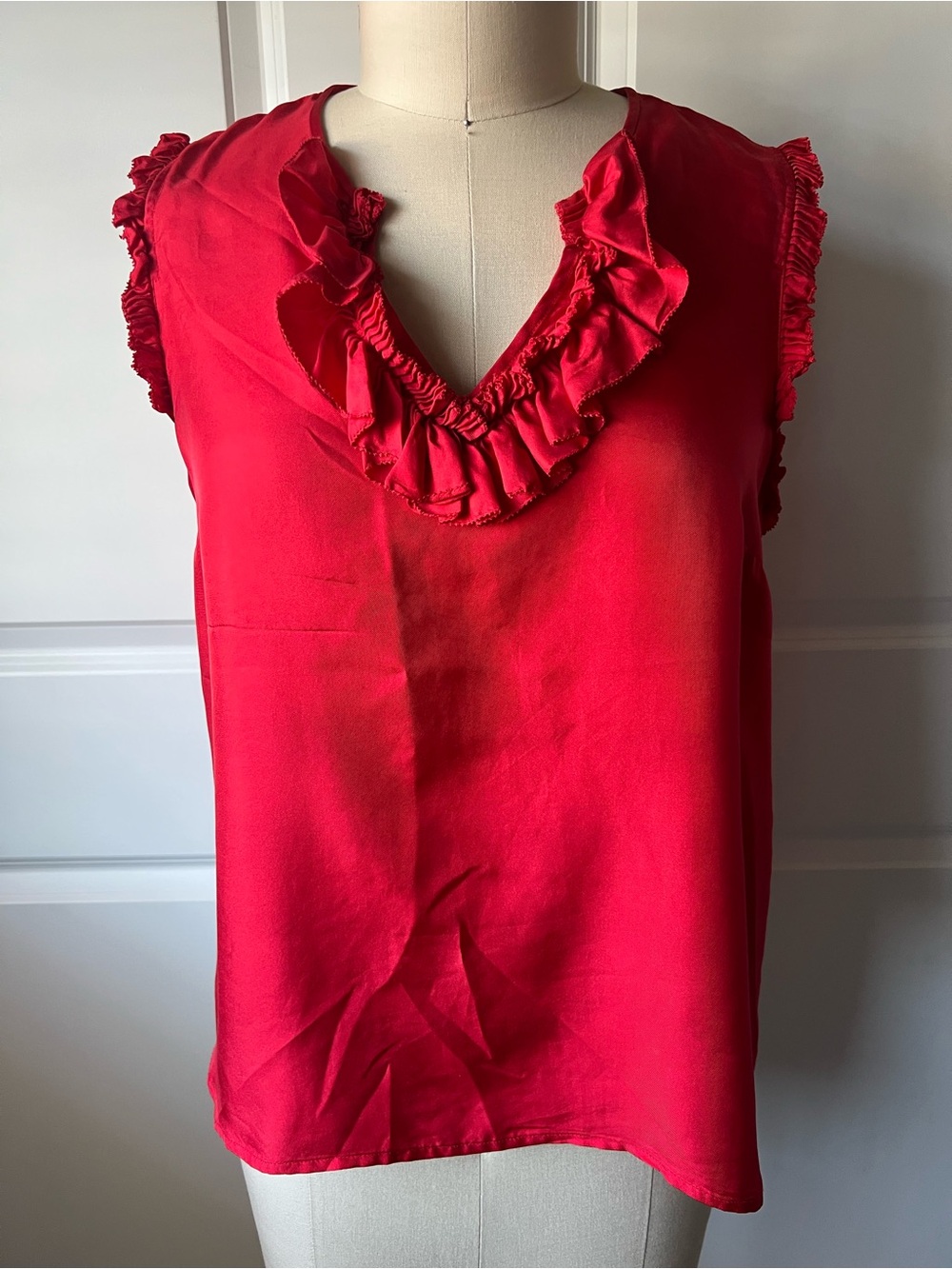 J. Crew Red Ruffle V-Neck Silk Sleeveless Camisole